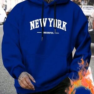 Men's Letter Print Hooded Fleece Sweatshirt New York royal Blue Hoodie L